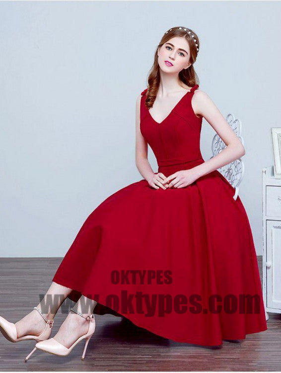 Pleated Red Prom Prom Dresses Beautiful Long V-Neck Sleeveless Lace Up Prom Dresses, TYP0415