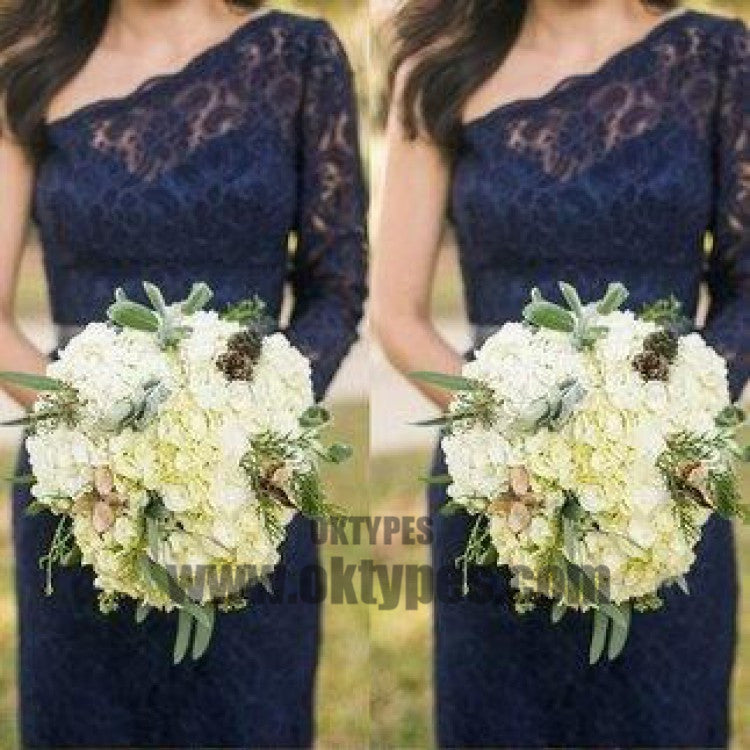 On Sale Lace Navy Bridesmaid Dresses Comely Short One Shoulder Long Sleeve Zipper Dresses, TYP0459