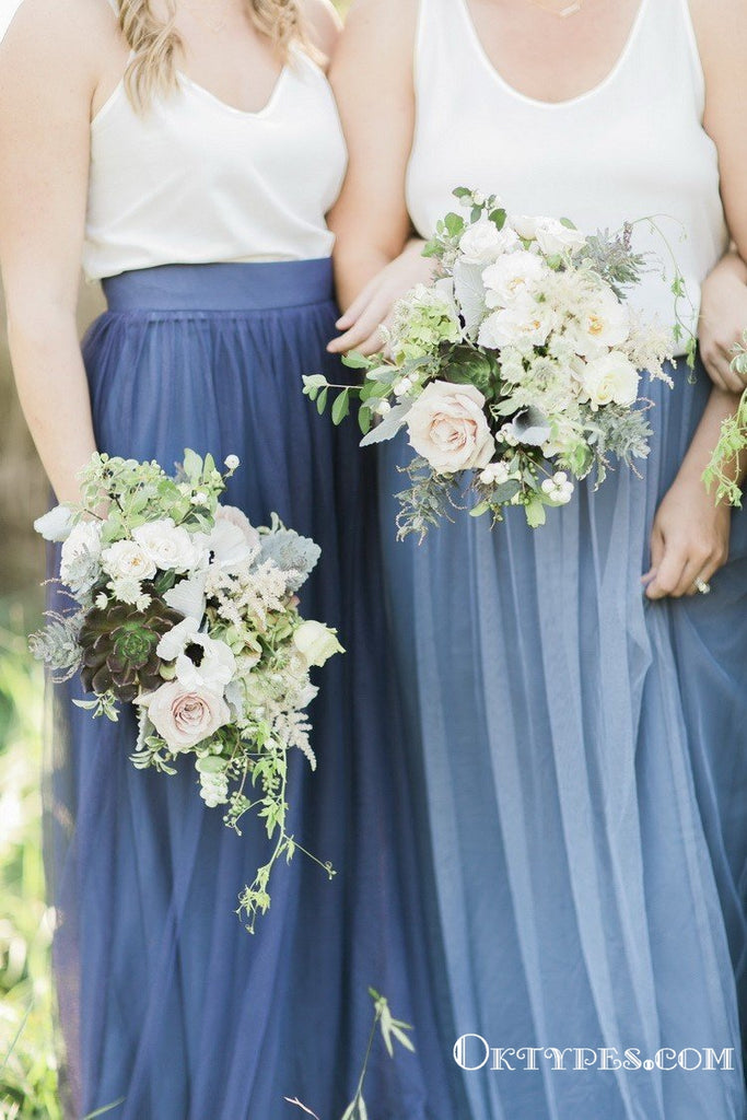 Two Piece Spaghetti Straps Tulle Simple Navy Bridesmaid Dresses, TYP1931