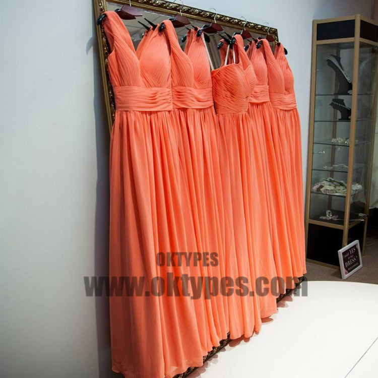 On Sale Ruffles Coral Bridesmaid Dresses Suitable Long V-Neck Sleeveless Zipper Dresses, TYP0460