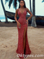 Sexy Charming Sequin Spaghetti Straps V-Neck Side Slit Mermaid Long Prom Dresses,PDS0374