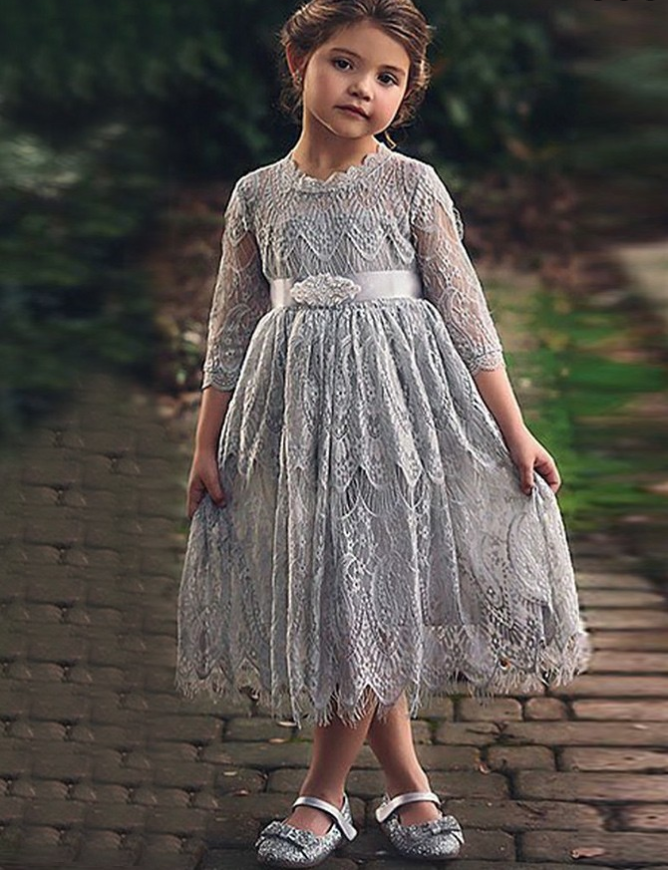 A-Line Round Neck White Lace Flower Girl Dresses with Sash&Beading, TYP1327