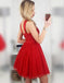 A-Line Cross Neck Short Red Tulle Homecoming Party Dresses with Sequins, TYP1090