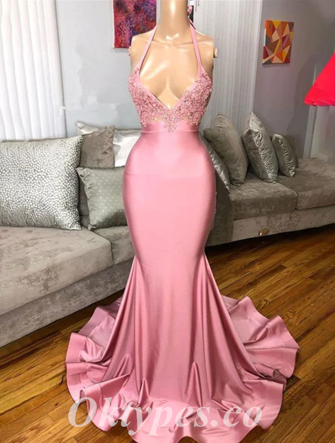 Sexy Blush Satin Halter Sleeveless Mermaid Long Prom Dresses With Applique,PDS0545