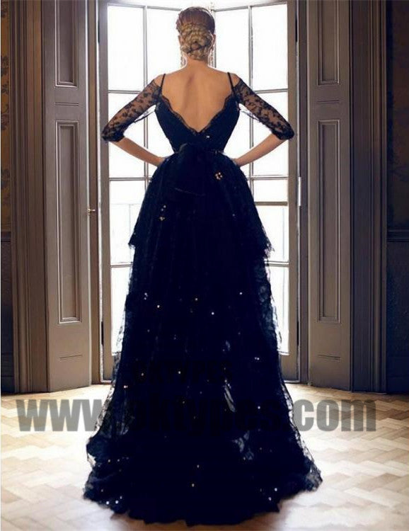 Black High Low Mermaid Prom Dresses, Lace Prom Dresses With Beading, Half Sleeve Prom Dresses, Backless Prom Dresses, TYP0275