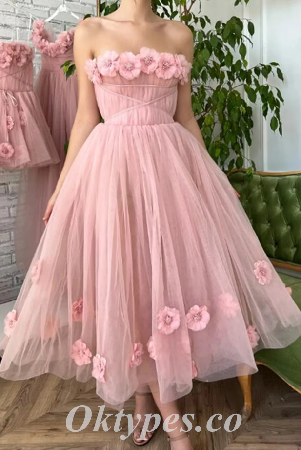 Elegant Pink Tulle Sweetheart Sleeveless A-Line Prom Dresses/Homecoming Dresses With Applique,PDS0491