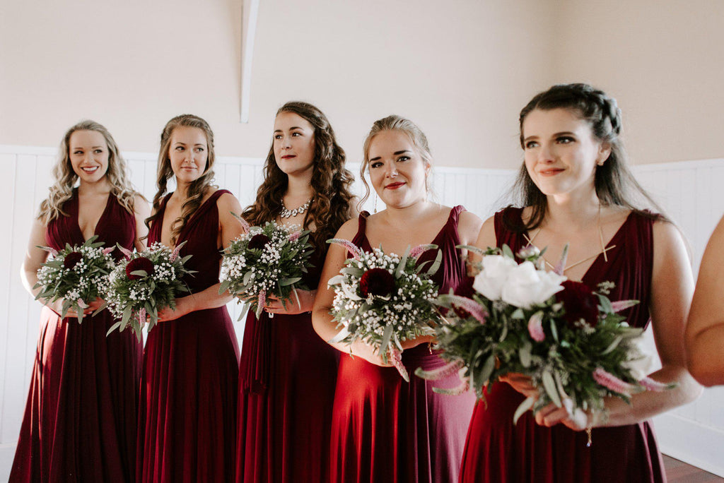 Mismatched Burgundy Jersey A-line Long Cheap Bridesmaid Dresses, BDS0074