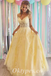 Elegant Yellow Lace And Tulle Spaghetti Straps V-Neck Lace Up Back A-Line Long Prom Dresses,PDS0593