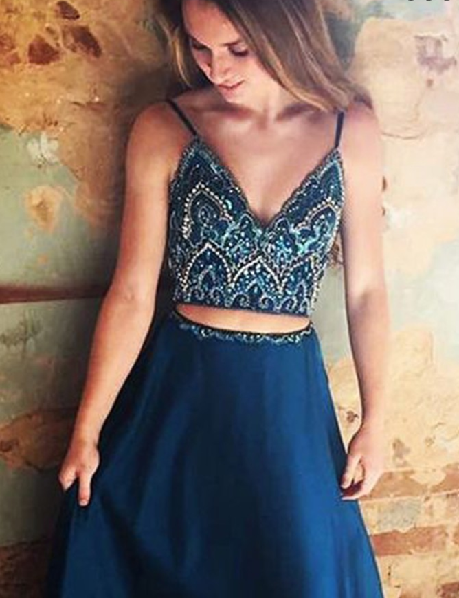 Two Piece Spaghetti Straps Blue Satin Prom Dresses with Beading, TYP1289