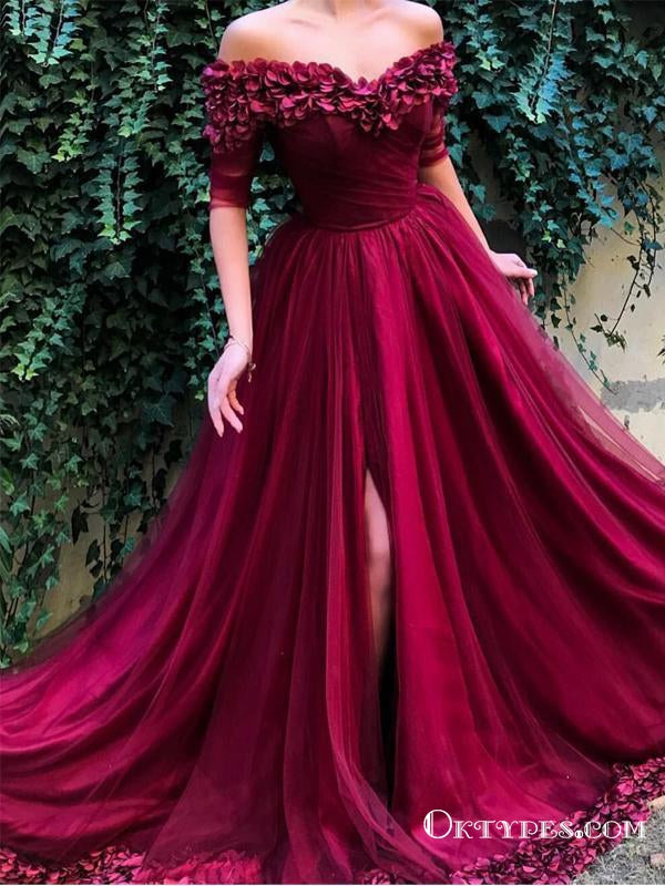 Burgundy Off the shoulder Half Sleeves A Line Tulle Long Prom Dresses, TYP1443