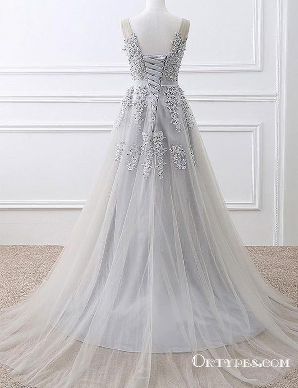 Deep V Neck Gray Tulle Long Cheap Prom Dresses With Appliques, TYP1817