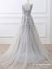 Deep V Neck Gray Tulle Long Cheap Prom Dresses With Appliques, TYP1817