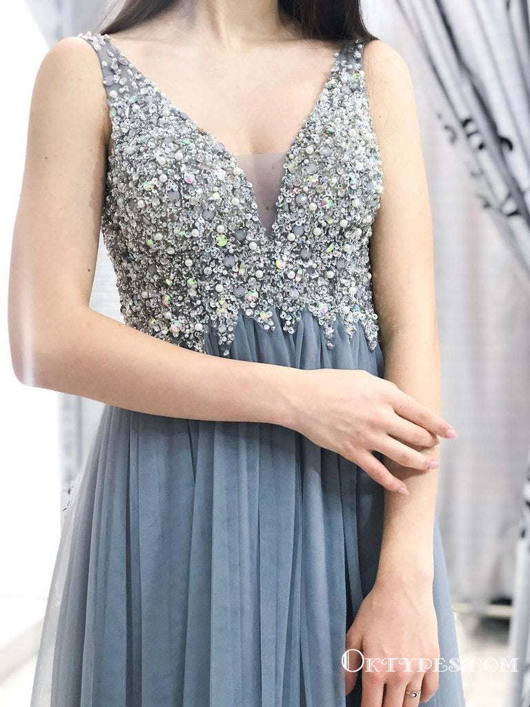 Sparkly V-neck Grey Tulle Long Cheap Prom Dresses With Beaded, TYP1632