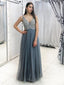 Sparkly V-neck Grey Tulle Long Cheap Prom Dresses With Beaded, TYP1632