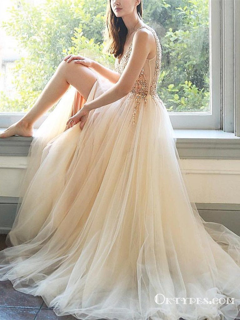 Light Champagne V-neck Long Cheap Tulle Prom Dresses With Beaded, TYP1633