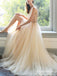 Light Champagne V-neck Long Cheap Tulle Prom Dresses With Beaded, TYP1633