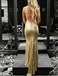 Mermaid V-Neck Backless Gold Sequined Prom Dresses with Appliques, TYP1288