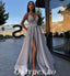 Sexy Satin Spaghetti Straps V-Neck Sleeveless Side Slit A-Line Long Prom Dresses, PDS0957