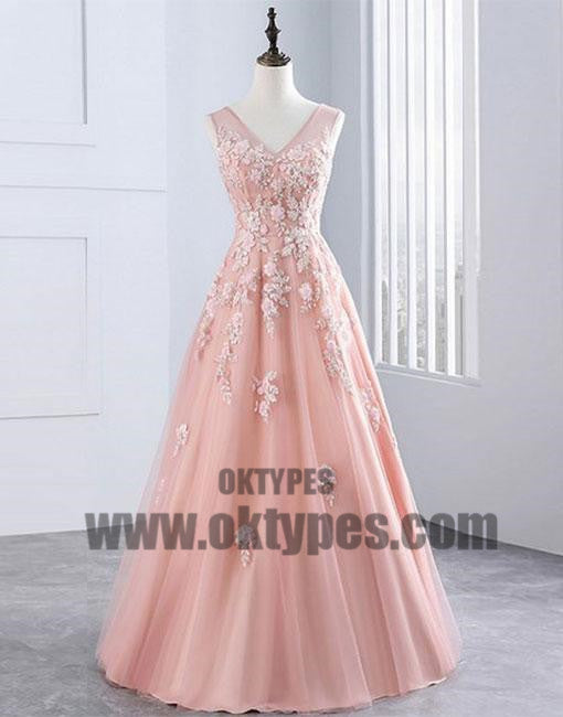 Pink Applique Long Prom Dresses V-Neck A-Line Evening Dresses, Ball Gown Prom Dresses, TYP0423