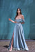 Elegant Satin Off Shoulder V-Neck Sleeveless Side Slit A-Line Long Prom Dresses,PDS0697