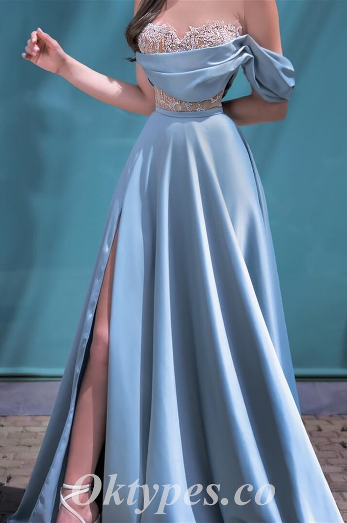 Elegant Satin Off Shoulder V-Neck Sleeveless Side Slit A-Line Long Prom Dresses,PDS0697