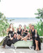 High-Low V-neck Black Satin A-line Long Cheap Bridesmaid Dresses, BDS0080