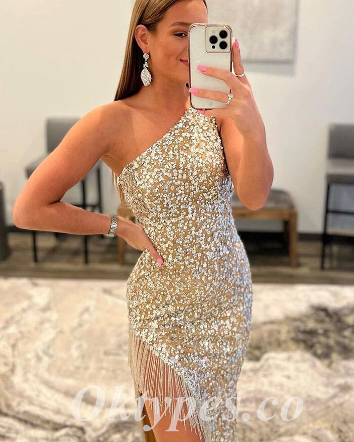 Sexy Sequin One Shoulder Sleeveless Side Slit Mermaid Long Prom Dresses, PDS0909