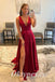 Sexy Satin And Lace Spaghetti Straps V-Neck Sleeveless Side Slit A-Line Long Prom Dresses, PDS0912