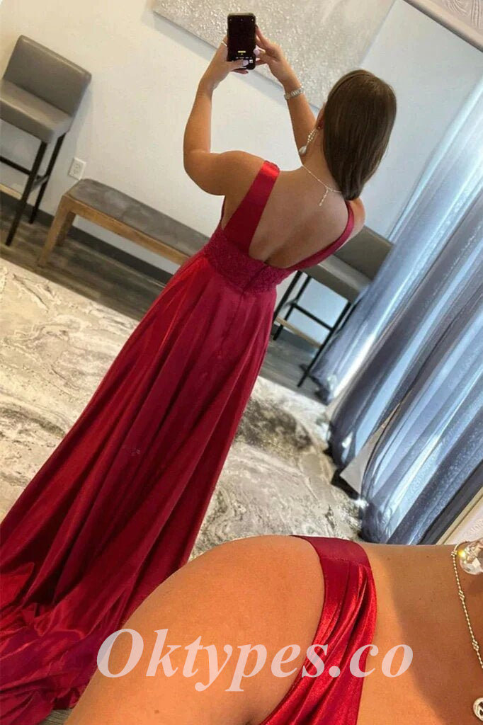 Sexy Satin And Lace Spaghetti Straps V-Neck Sleeveless Side Slit A-Line Long Prom Dresses, PDS0912