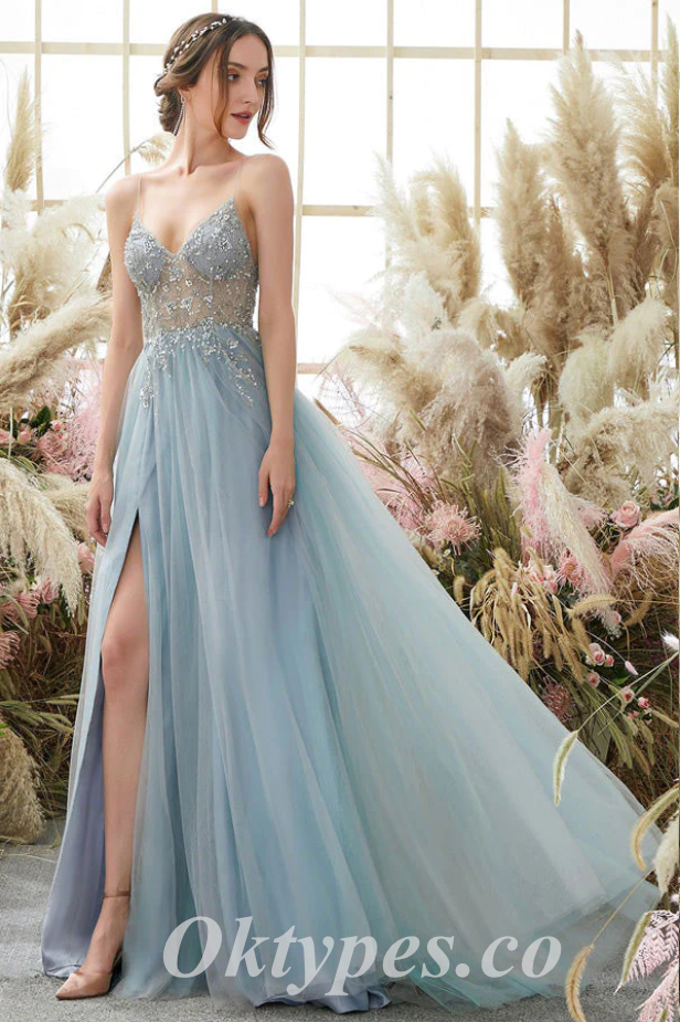 Elegant Tulle Spaghetti Straps V-Neck Side Slit A-Line Long Prom Dresses With Rhinestone,PDS0591