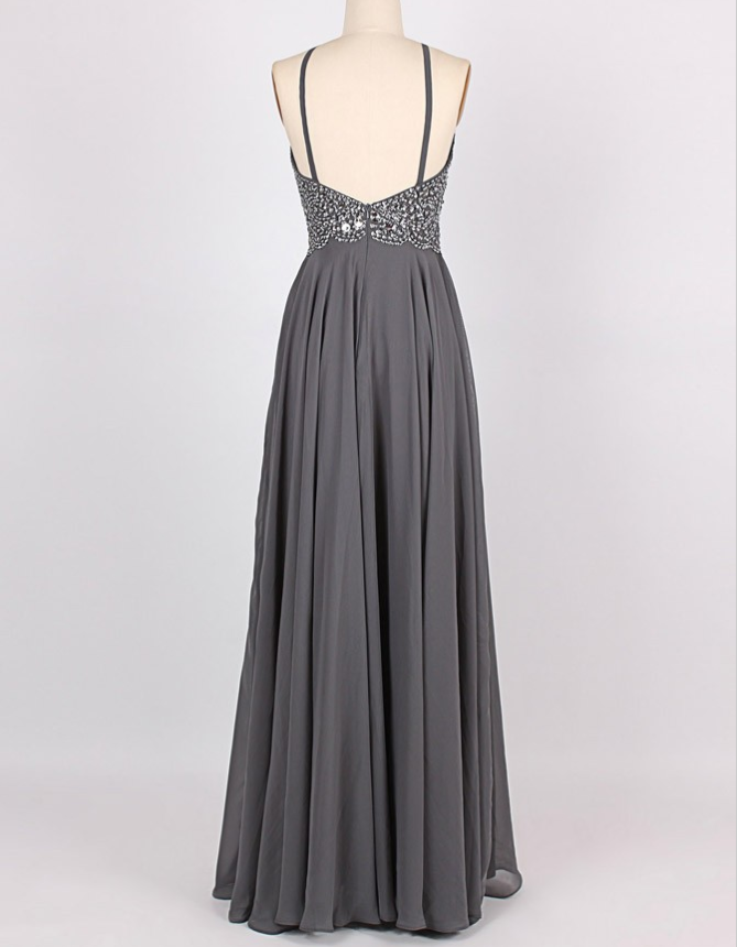 A-Line Halter Sleeveless Long Cheap Backless Grey Chiffon Prom Dresses with Beading, TYP1291