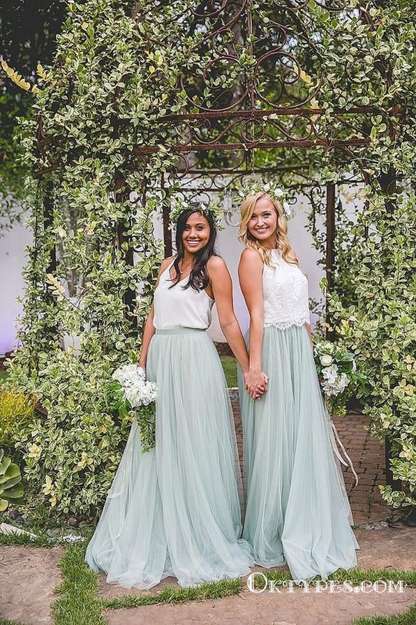 Simple Mismatched A-line Mint Tulle Long Cheap Bridesmaid Dresses, TYP1833