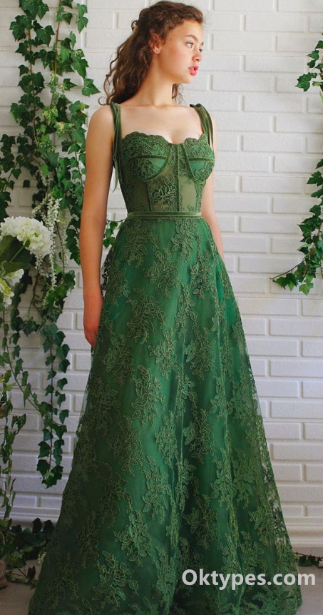 Elegant And Cute Green Lace Spaghetti Straps Square Neck A-Line Long Prom Dress,PDS0321