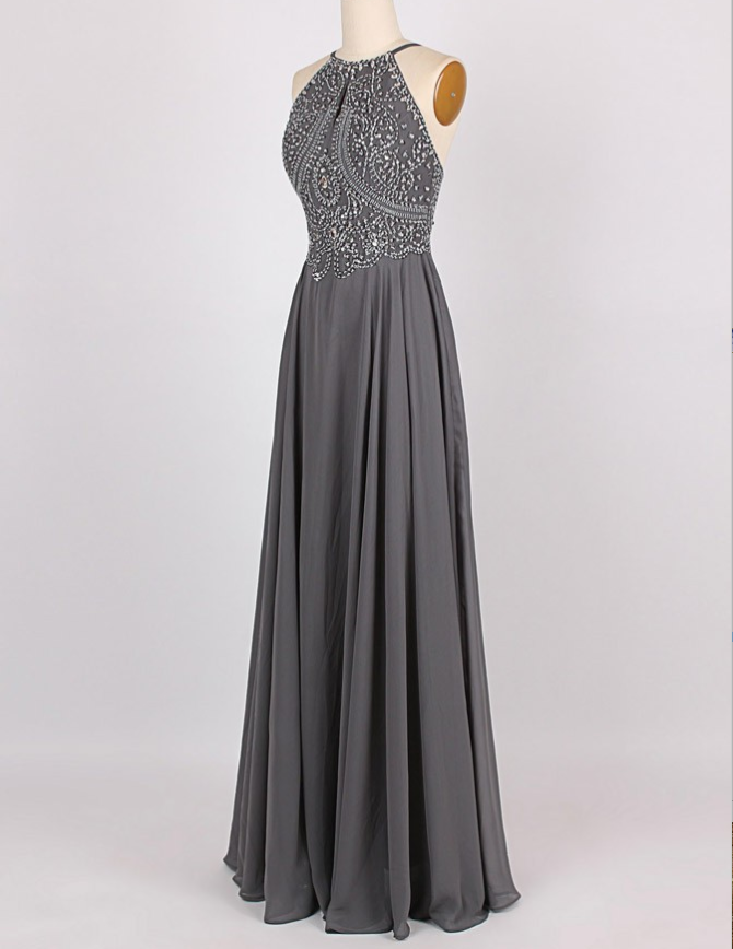 A-Line Halter Sleeveless Long Cheap Backless Grey Chiffon Prom Dresses with Beading, TYP1291