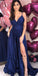 Royal Blue Spaghetti Strap A Line Side Slit Simple Long Bridesmaid Prom Dresses, TYP1441