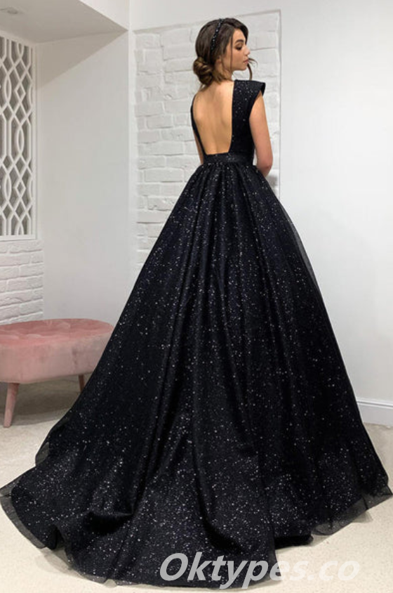 Black Shiny Tulle Spaghetti Straps V-Neck Backless A-Line Long Prom Dresses,PDS0432