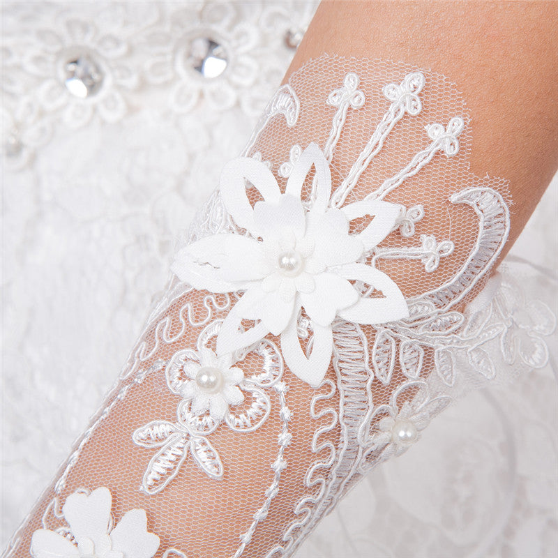 Light Ivory Beaded Wedding Gloves, Bridal Lace Gloves, Floral Lace Appliques Gloves, TYP0572