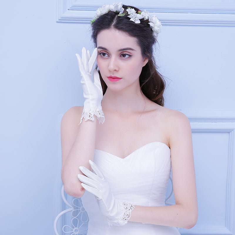 White Bridal Stain Wedding Gloves With Lace Appliques, Lovely Wedding Gloves, TYP0556