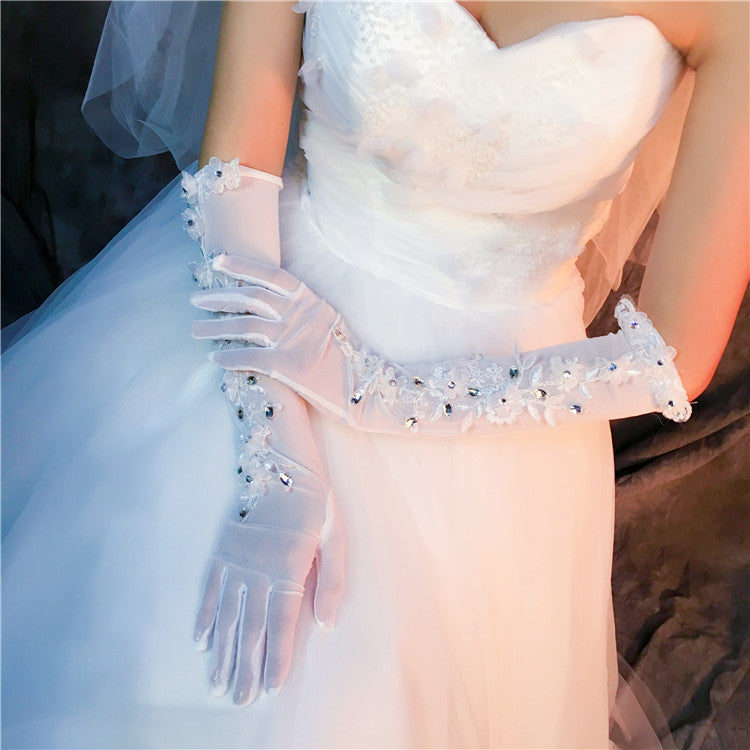 Long Finger Handmade Flower Rhinestone Wedding Bridal Gloves, TYP0636