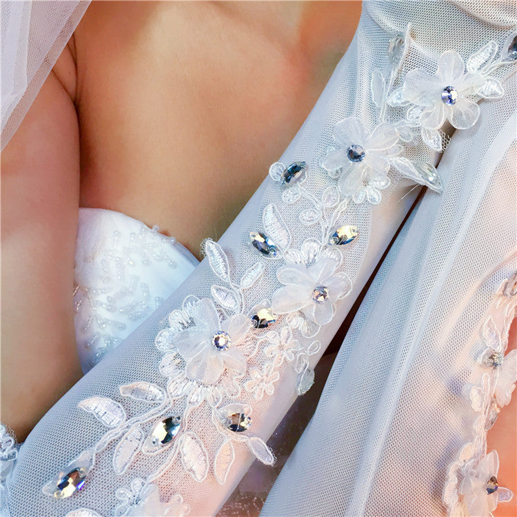 Long Finger Handmade Flower Rhinestone Wedding Bridal Gloves, TYP0636