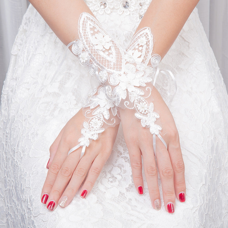 White Bridal Gloves, Wedding Gloves Adorned With Pearls And Lace Flowers, TYP0558