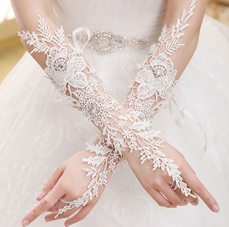 Bridal Gloves, French Lace Gloves, Floral Rhinestone Bridal Gloves, Long Design Fingerless Gloves, Wedding Gloves, Wedding Accessory, TYP0569