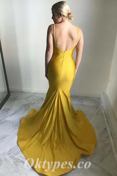 Sexy Satin Spaghetti Straps V-Neck Sleeveless Backless Mermaid Long Prom Dresses,PDS0672