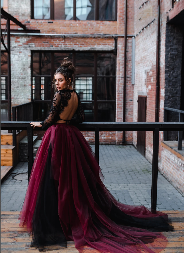 Two Pieces Black Lace Top And Tulle Burgundy Bottom Long Sleeves Open Back Wedding Dresses, WDS0119