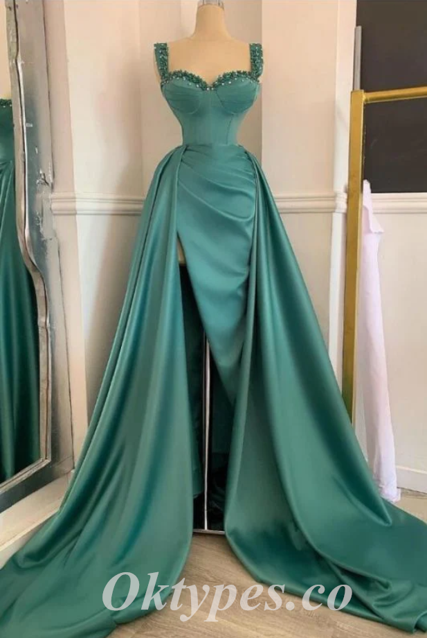 Sexy Satin Spaghetti Straps V-Neck Sleeveless Side Slit Mermaid Long Prom Dresses,PDS0602