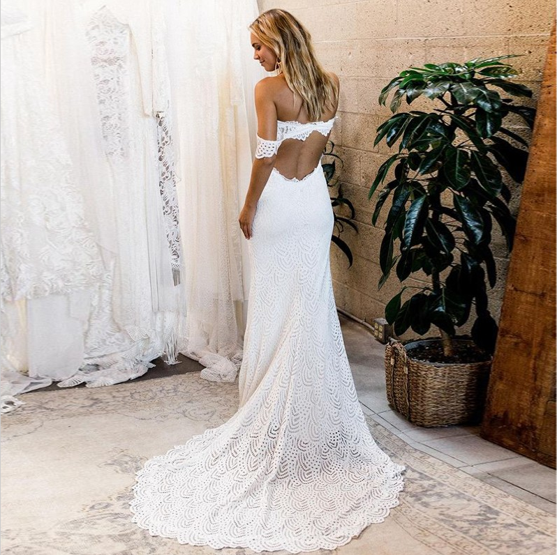 Mermaid Off-the-Shoulder Sweep Train White Lace Wedding Dresses with Split, TYP1180