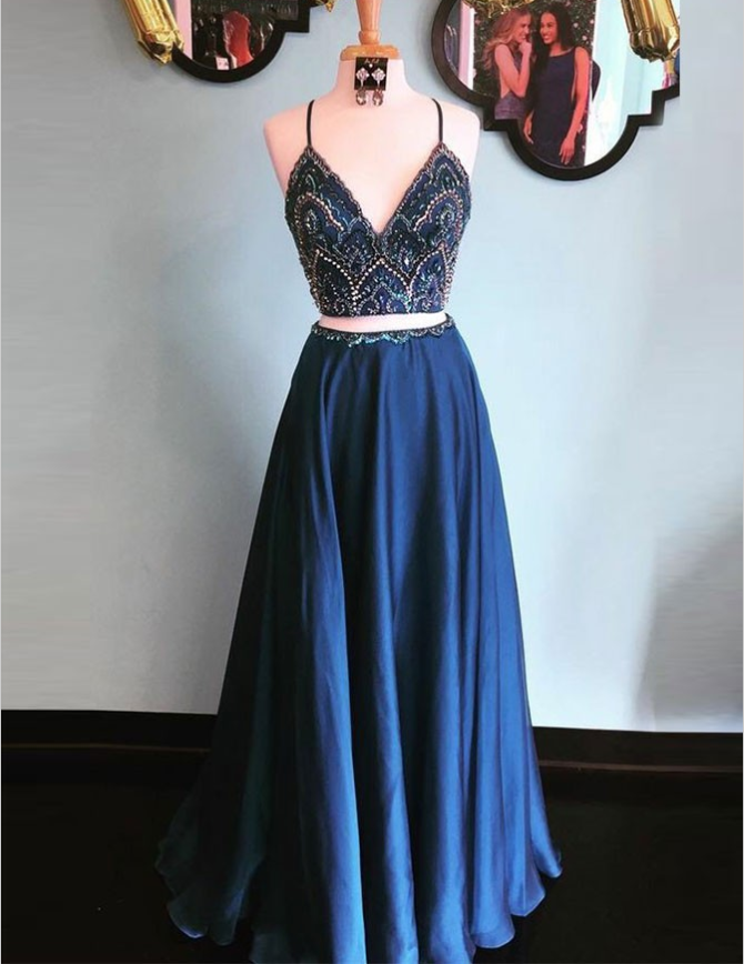 Two Piece Spaghetti Straps Blue Satin Prom Dresses with Beading, TYP1289