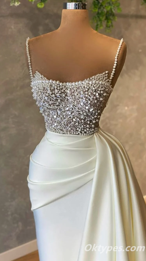 Elegant White Satin Spaghetti Straps Mermaid Evening Prom dresses With Beadings,PDS0324