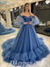 Elegant Tulle Off Shoulder V-Neck Long Sleeve A-Line Long Prom Dresses/Ball Gown With Applique,PDS0640