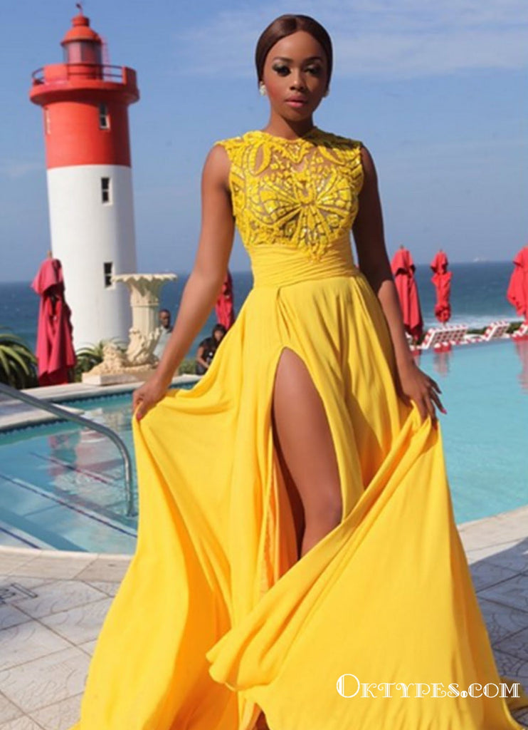 Yellow Chiffon Chiffon Simple Embroidery Cheap Long Prom Dresses, TYP1732